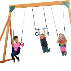 Trailside Cedar Wooden Backyard Swing Set | H: 87" L: 89" W: 120" | Blue Accessories | Incl. 2 Swings & 1 Trapeze | Kids Age 3-12 | DIY Assembly | Steel Hardware Wont Rust | ASTM Safety Standards B096YQW46B