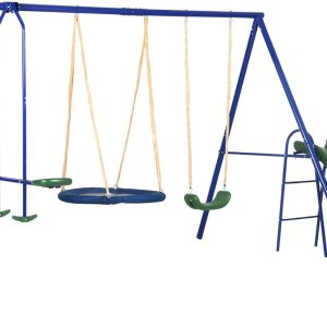 Outsunny Swing Set for Backyard, 5 in 1 Heavy-Duty A-Frame Stand Outdoor Playset for Kids with 29.5" Saucer Swing, Slide, Seesaw, Glider, Swing Seat, Blue B0BTXWBL1B
