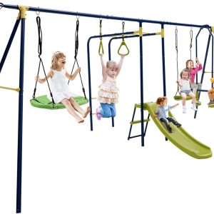 Costzon 660 lbs Swing Sets for Backyard, 7-in-1 Heavy Duty Extra Large Metal Swing Frame w/2 Swings, Glider, Gym Rings, Slide, Monkey Bar, Basketball Hoop, Play Equipment for Indoor Outdoor B0BPMHYP8Z