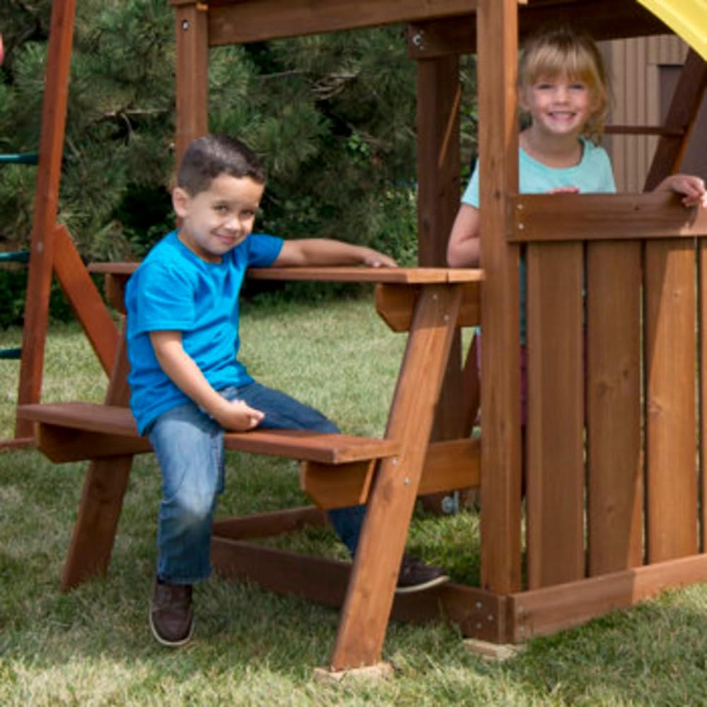 Swing-N-Slide Hemphill Ridge Wooden Swing Set with Vinyl Canopy Roof, Monkey Bars, Plastic Slide, Climbing Wall and Swings, Yellow Slide B0DWZ67PRK - Image 6