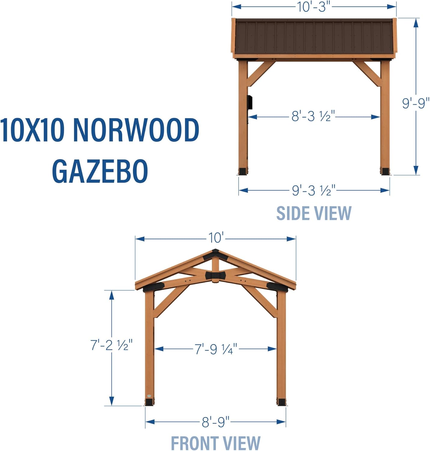 Norwood 10' x 10' Cedar Wood Outdoor Gazebo Pavilion with Hardtop Galvanized Steel Peak Roof, Snow Support, Wind Resistance, PowerPort, Shade for Garden, Patio, Deck, Entertaining B0BL1NDSBM - Image 3