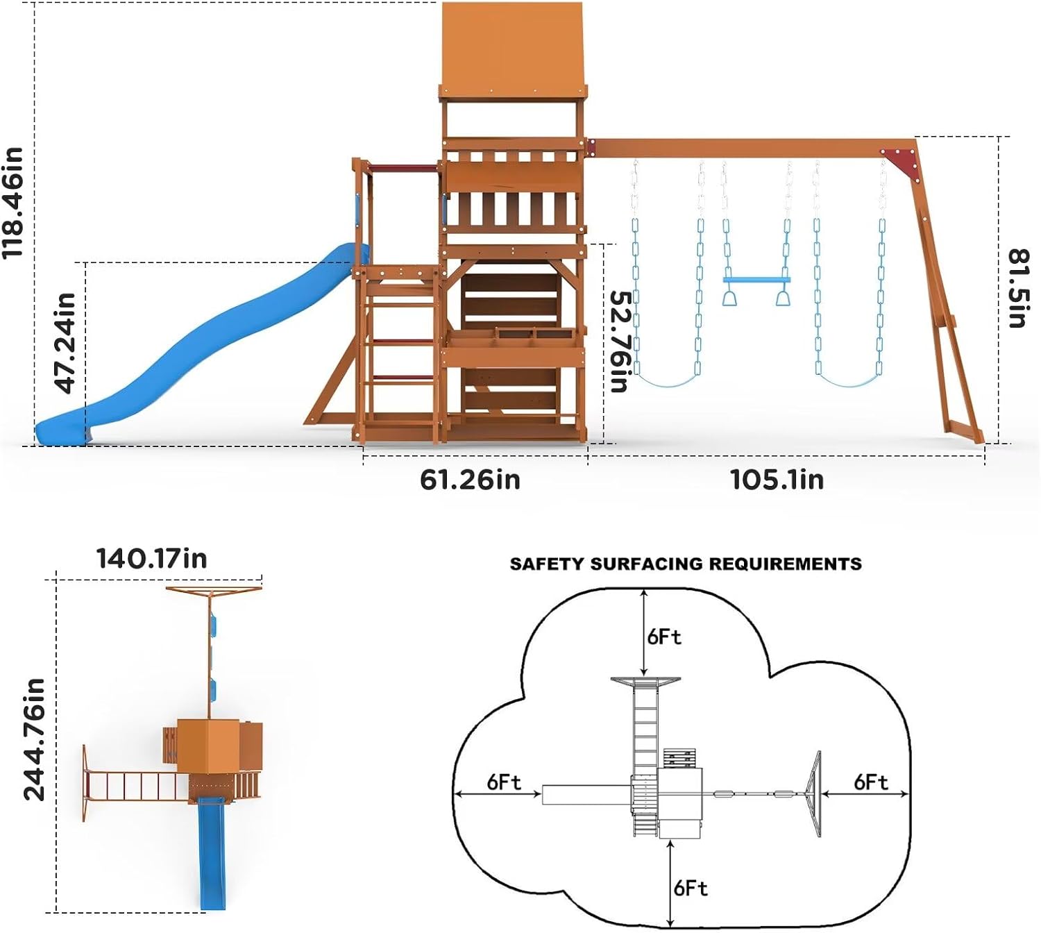 Dolphin Playground Swing Sets for Backyard with Monkey bar, Wooden Playground Sets for Backyards with 8FT Wave Slide, Multi-Functional Shelf, 2 Belt Swings, Outdoor Playset for Kids 3-10 B0D3LYPFXH - Image 3