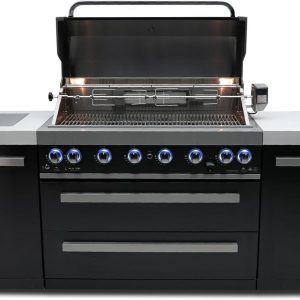 Mont Alpi MAi805-BSS 44-inch 6 Burner Black Stainless Steel Modular Outdoor Kitchen Island Barbecue Grill with Storage + Side Burner + Granite Countertops + Rotisserie, Chopping Board & Grill Cover B0D8D8Z994