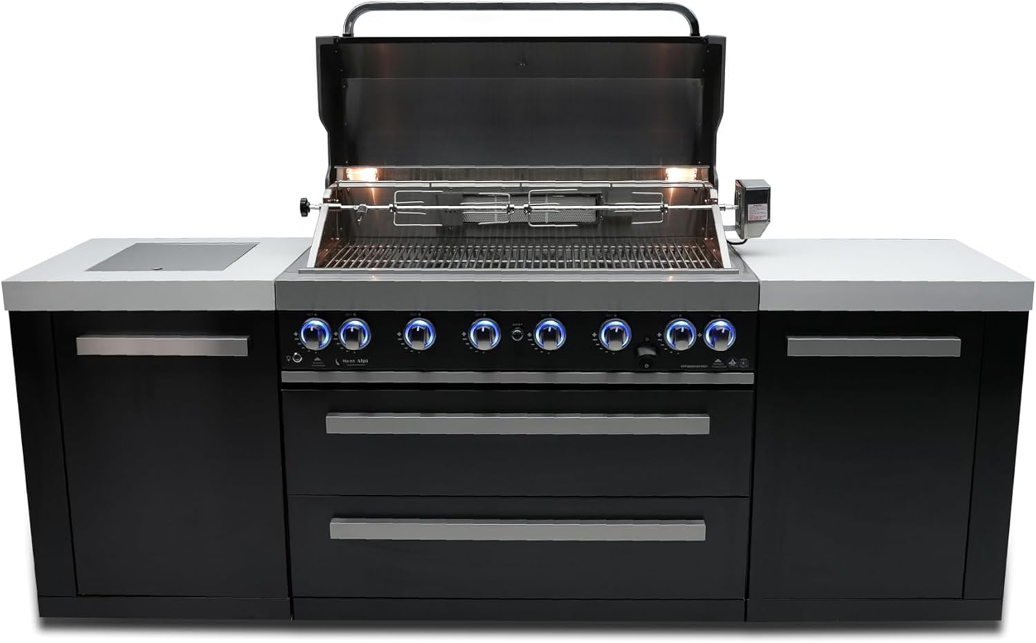 Mont Alpi MAi805-BSS 44-inch 6 Burner Black Stainless Steel Modular Outdoor Kitchen Island Barbecue Grill with Storage + Side Burner + Granite Countertops + Rotisserie, Chopping Board & Grill Cover B0D8D8Z994