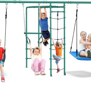 Hapfan Swing Sets for Backyard with Monkey Bars, Belt Swing, Platform Swing, Climbing Net, Trapeze Bar, Outdoor Playset for Kids B0CYC64MD7