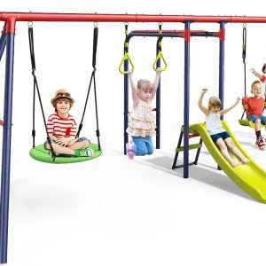 OLAKIDS Swing Sets for Backyard, 7 in 1 Outdoor 660LBS A-Frame Heavy Duty Metal Swing Stand with Monkey Bar for Kids, Playground Playset with Slide, 2 Swings, Glider, Trapeze Rings, Basketball Hoop B0BHHSPNFZ