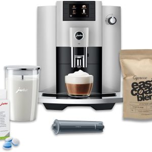 Jura E6 Automatic, Affordable Espresso Machine with Programmable Coffee Strength (Platinum) Bundle with Smart Filter Cartridge, Cleaning Tablets, Coffee Beans Bag, and Glass Milk Container (5 Items) B071SHSWWN