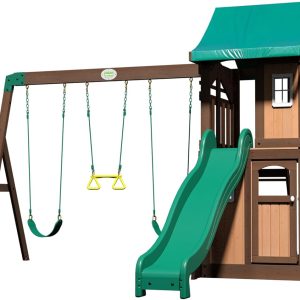 Backyard Discovery Lakewood Cedar Wood Swing Set with Wave Slide, Clubhouse, Playhouse, Snack Bar Window, Picnic Area, Belt Swings, Trapeze, Full Front Door, Windows, Step Ladder, Outdoor Playset B081789ZLP