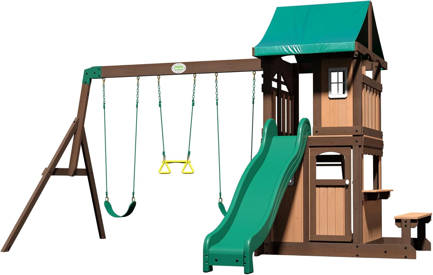 Backyard Discovery Lakewood Cedar Wood Swing Set with Wave Slide, Clubhouse, Playhouse, Snack Bar Window, Picnic Area, Belt Swings, Trapeze, Full Front Door, Windows, Step Ladder, Outdoor Playset B081789ZLP
