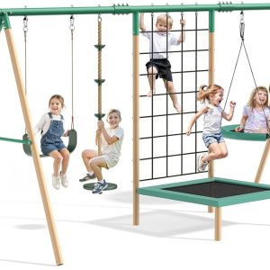 61e9eEL7ByL._AC_SL1500_-1.jpg 6 in 1 Multifunction Kids Swing Set for Backyard, Heavy-Duty A-Frame Metal Stand with 3 Adjustable Swing Climbing, Net, Trampoline, Basketball Hoop B0DY14XHHF