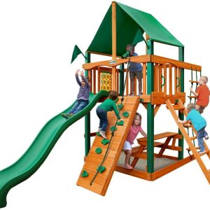 Gorilla Playsets 01-0061-AP-1 Chateau Tower Wooden Playset with Amber Posts, Slide, Climbing Wall, & Deluxe Green Vinyl Canopy B01D5OZUH0