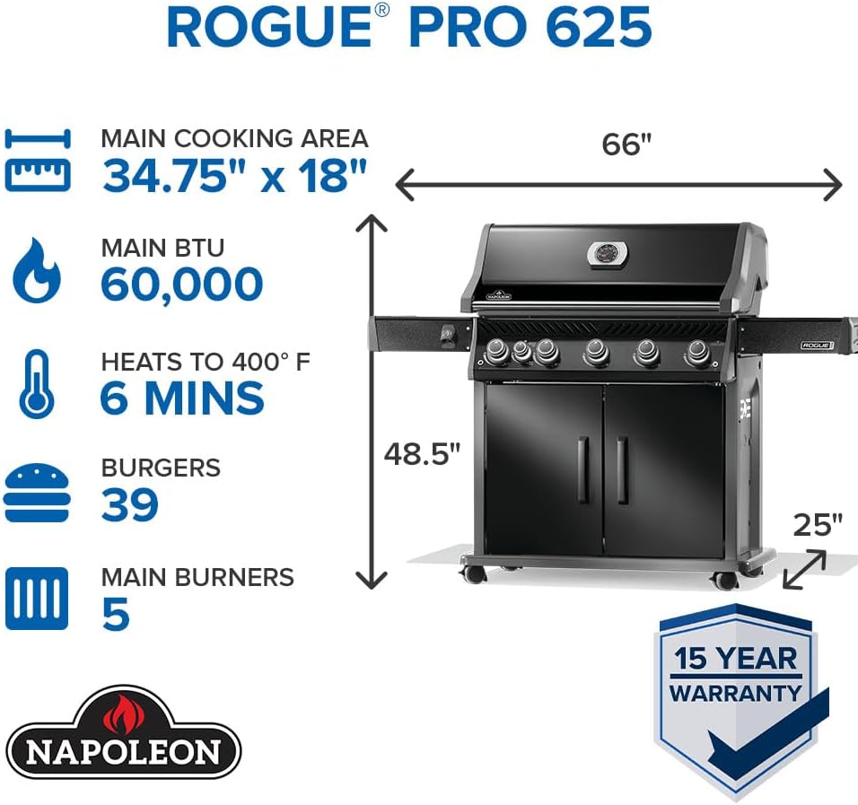 Napoleon Rogue PRO 625 Natural Gas Grill with Infrared Side Burner, Black - 6 Burners B0DVLZYK4G - Image 2