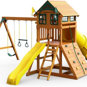 Gorilla Playsets 01-1075-Y Outing Wood Swing Set with Wood Roof and Twister Tube Slide - Yellow Slides, Amber B082BVGPPX