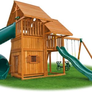 Sky Solid Cedar Wood Swing Set | Jungle Gym with Clubhouses, Rock Wall, Wood Roofs, Spiral Slide. Wave Slide, Bottom Clubhouse, Swings and Accessories | Easy Assembly | Kids Playhouse | 1,250lbs - #7 B0BPVCPL2W