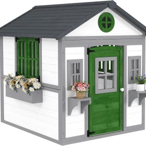 Outsunny Outdoor Kids Playhouse, Wooden Playhouse with Doors, Windows, Planter Pots and Boxes for Toddlers 3-8 Years, Cottage Play House for Backyard, White B0F28SLRM6