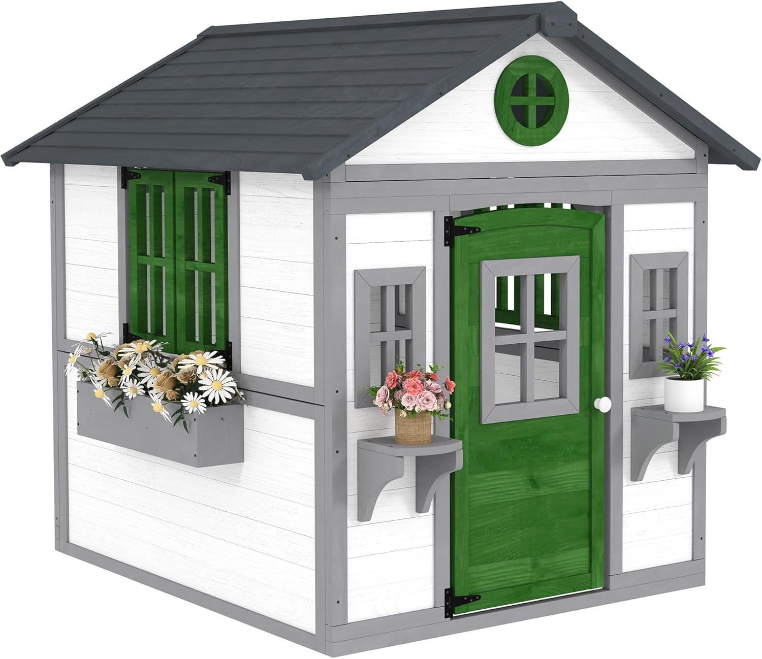 Outsunny Outdoor Kids Playhouse, Wooden Playhouse with Doors, Windows, Planter Pots and Boxes for Toddlers 3-8 Years, Cottage Play House for Backyard, White B0F28SLRM6