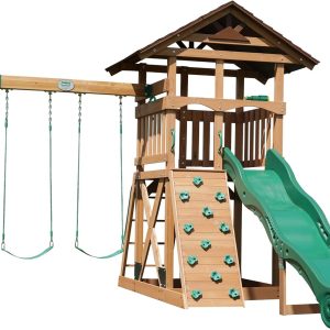 Backyard Discovery Lightning Ridge Cedar Wood Swing Set with Wave Slide, Play Deck, Rock Wall, Sandbox, Belt Swings, Toy Telescope, Steering Wheel, Step Ladder, Outdoor Playset B0BVWMRRBV