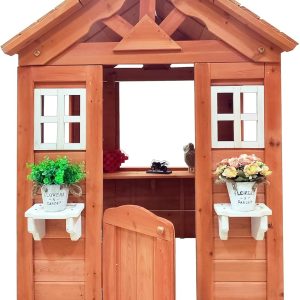 Outdoor Playhouse for 3-8 Years Boys Girls with Flowerpot Holder Window Pretend Play Wooden Cottage Playhouse for Outdoor Garden Lawn Patio Yard 42 x 46 x 55in Gold B0CSNLJ5L2