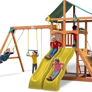 Gorilla Playsets 01-1070-Y Outing Wood Swing Set with Green Vinyl Canopy and Yellow Dual Alpine Slides, Natural Cedar B08HVS6DWM