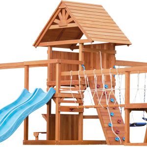 Dolphin Playground Swing Sets for Backyard with Plank Bridge, Wooden Playground Sets for Backyards with 2 Wave Slides, Monkey bar, Outdoor Table, Saucer Swing, Large Climbing Wall, Outdoor Playset B0CNC725N7