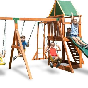 Sportspower Amazon Exclusive Olympia Wood Swing Set with 3 Swings, Slide, and Monkey Bars, Natural/Green with 8' Slide B08DL4F776