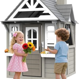 Kids Playhouse – Outdoor & Indoor Playset, Modern Gray Cedar Wooden Playhouse for Kids Ages 4-8 with Functional Kitchen Set (Includes Stove, Sink) Interactive Doorbell (Gray) B0DCK37FX7
