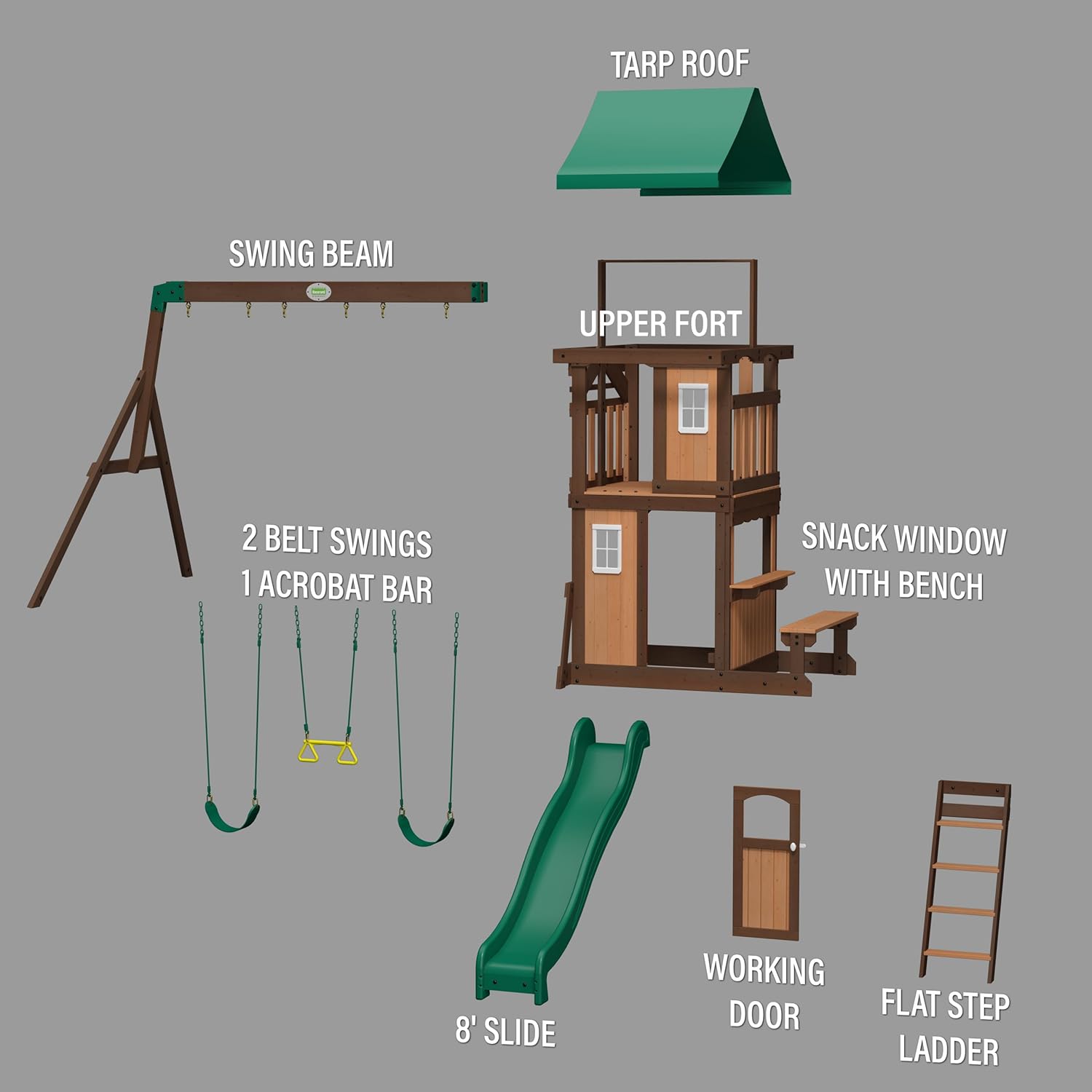 Backyard Discovery Lakewood Cedar Wood Swing Set with Wave Slide, Clubhouse, Playhouse, Snack Bar Window, Picnic Area, Belt Swings, Trapeze, Full Front Door, Windows, Step Ladder, Outdoor Playset B081789ZLP - Image 7