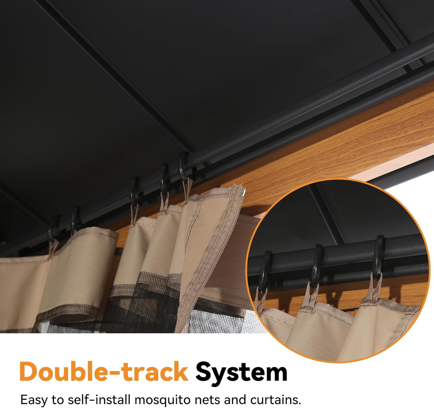 Modern Shade The Horizon Permanent Hardtop Gazebo 12' x 14' w/ 4 LED Lights, Outdoor Gazebo w/Galvanized Steel Double Roof, Patio Pavilion w/Decor Hooks, Mosquito Nettings, Wood-Looking B0DQCYV9L7 - Image 8