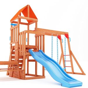 Dolphin Playground Cedar Wooden Swing Sets for Backyard, Outdoor Playset for Kids with Monkey Bar, 2 in 1 Outdoor Table, Wave Slide, Climbing Wall, and 2 Belt Swings, Playground Sets for Backyards B0C8T7R87W