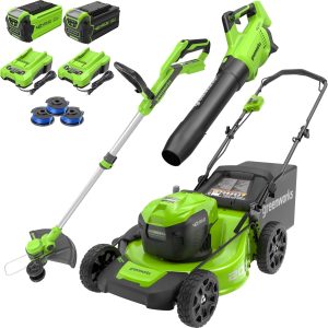 Greenworks 40V 20" Cordless Lawn Mower (Push), Axial Leaf Blower (500 CFM / 120 MPH),12" String Trimmer with 2 Batteries(5Ah+2Ah) and Chargers B0CCCR83H3