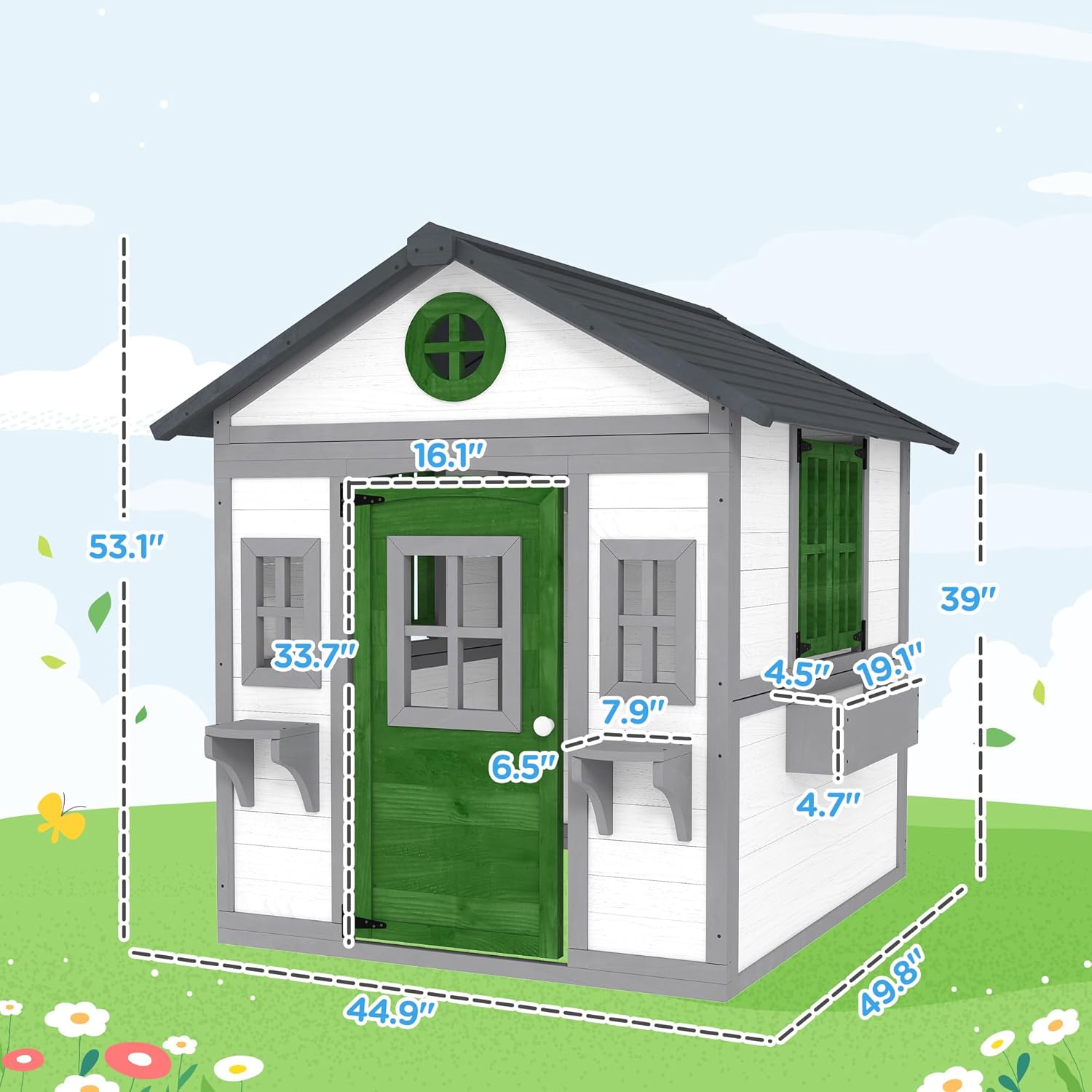 Outsunny Outdoor Kids Playhouse, Wooden Playhouse with Doors, Windows, Planter Pots and Boxes for Toddlers 3-8 Years, Cottage Play House for Backyard, White B0F28SLRM6 - Image 7