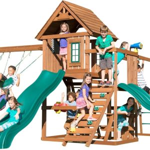 Swing-N-Slide WS 8354 Knightsbridge Super Wooden Swing Set with Two Slides, Play Set, Monkey Bars, Climbing Wall, Music Play & Climbing Wall, Wood, Green B07MVZHZJV
