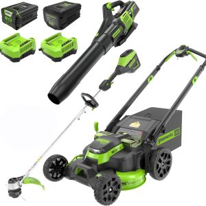 Greenworks 80V 25" Cordless Battery Brushless Self-Propelled Rear Wheel Drive 3-in-1 Lawn Mower, 16" String Trimmer,730 CFM Leaf Blower,Combo Kit w/ (1) 4.0Ah Battery (1)2.5 Ah Battery and (2)Charger B0CBC5R9KC