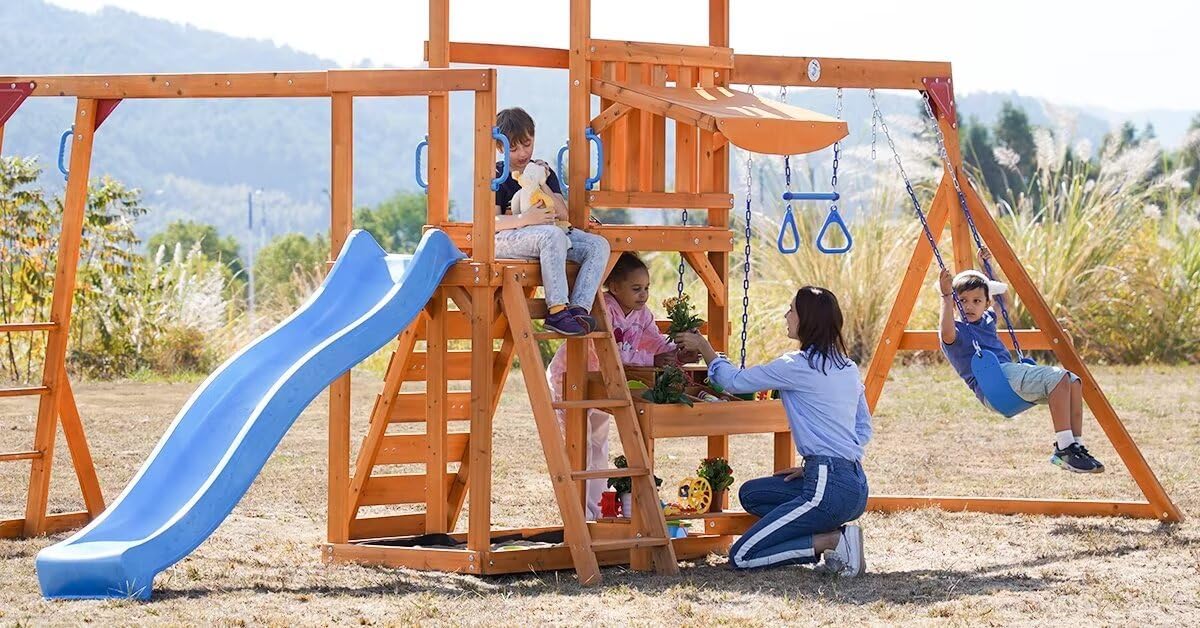 Dolphin Playground Swing Sets for Backyard with Monkey bar, Wooden Playground Sets for Backyards with 8FT Wave Slide, Multi-Functional Shelf, 2 Belt Swings, Outdoor Playset for Kids 3-10 B0D3LYPFXH - Image 7