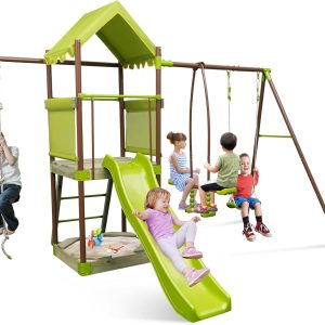Costzon 450lbs Swing Sets for Backyard, 7-in-1 Heavy Duty Metal Swing Set with Slide, Upper Deck with Canopy, Sandbox, Climbing Rope, Glider and Swing, Outdoor Playset for Playground, Gift for Kids B0CZ41SWGZ