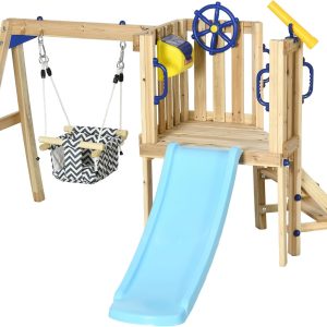 Outsunny Wooden Swing Set for Backyard, Toddler Outdoor Playset with Baby Swing Seat, Kids Slide, Fort, Playground Equipment with Captain's Wheel, Telescope for Ages 1.5-4, Natural B0BT9GSRHQ