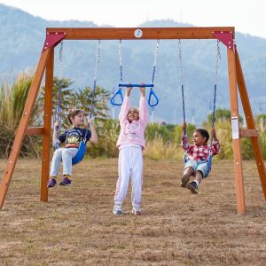 Dolphin Playground Wooden Swing Sets for Backyard, Family DIY Kit for Any Swings, Outdoor Playset for Kids with Trapeze Swing Bar and 2 Belt Swings, Heavy Duty Playground Accessories, Ages 3-12 B0BRTXDXNQ