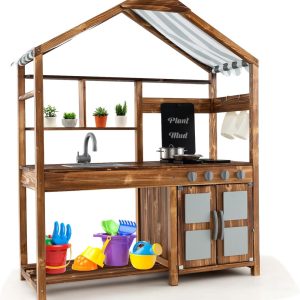 DORTALA Mud Kitchen, Fir Wood Outdoor Play Kitchen with Removable Sink, Canopy, Chalkboard, Stoves, Storage Cabinet, Backyard Kids Kitchen Playset for for Toddler Boys & Girls Age 3+ B0D3Q5JTP1