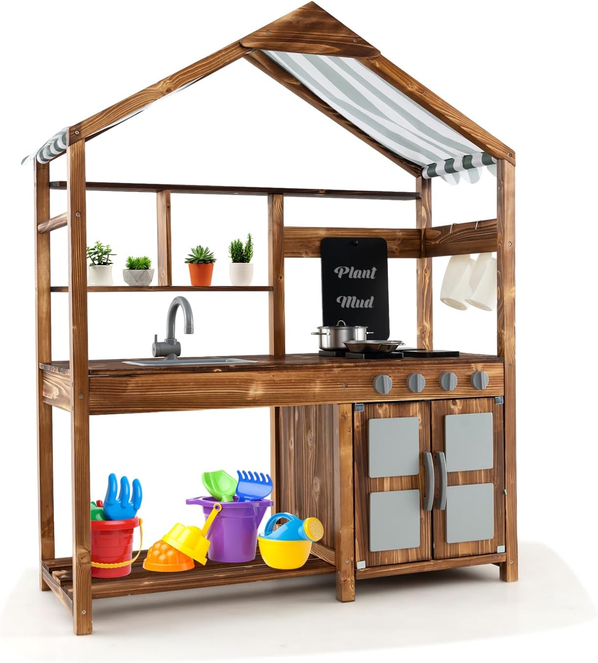 DORTALA Mud Kitchen, Fir Wood Outdoor Play Kitchen with Removable Sink, Canopy, Chalkboard, Stoves, Storage Cabinet, Backyard Kids Kitchen Playset for for Toddler Boys & Girls Age 3+ B0D3Q5JTP1