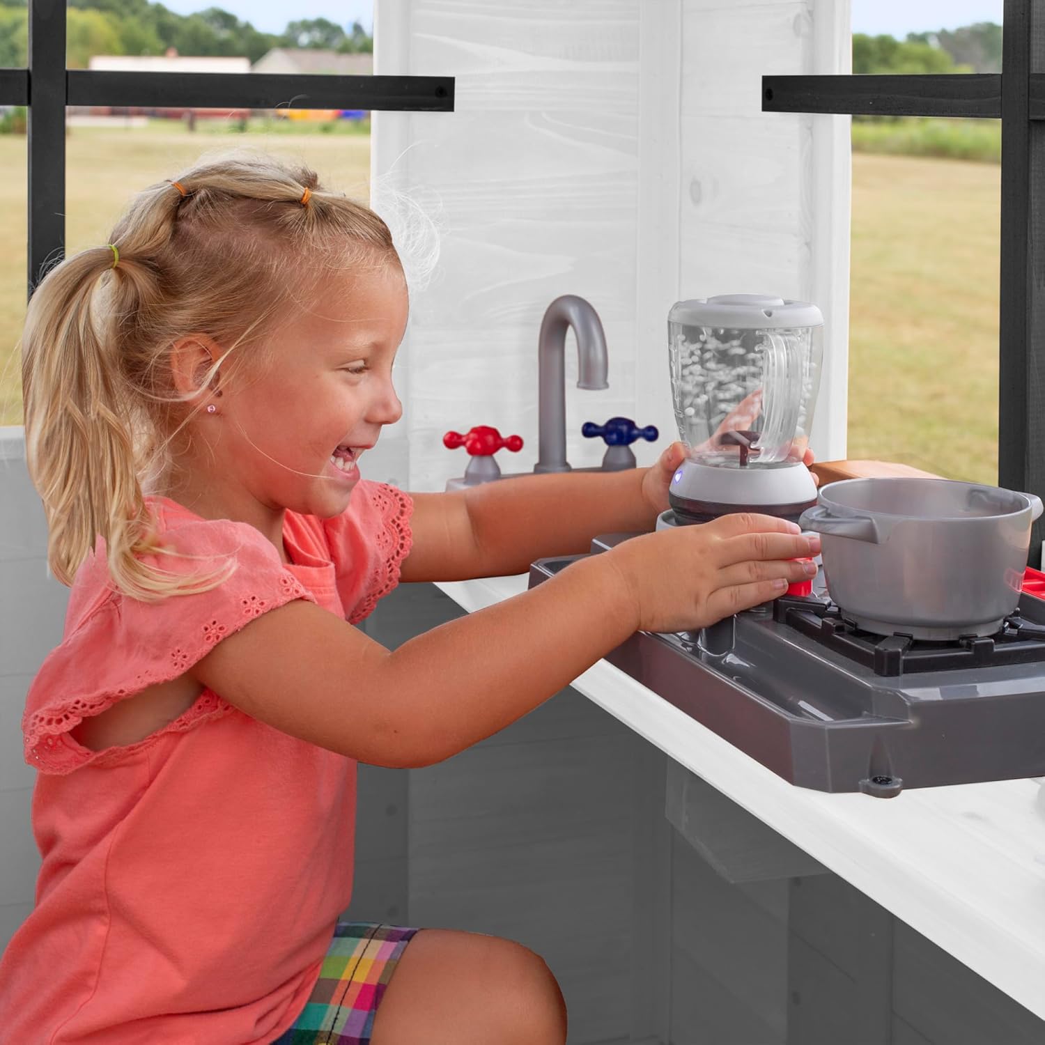 Backyard Discovery Sweetwater Heights White Elevated Cedar Wooden Kids Playhouse with Wave Slide, Play Kitchen, Step Ladder, Half Door, Wrap-Around Deck, Windows, Bell, Growth Chart for Outdoor Play B0C9JY7FV1 - Image 9