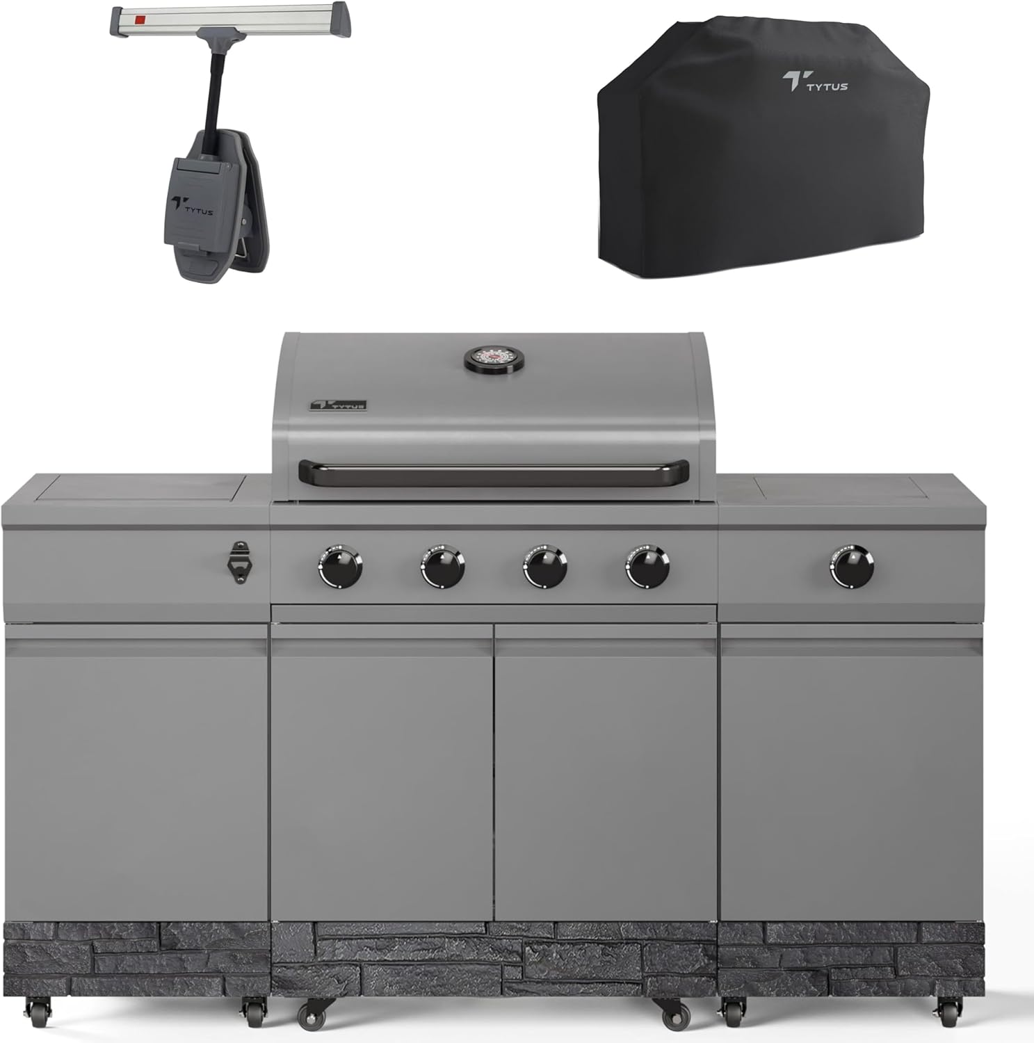 Tytus Fresno 5 Burner Propane or Natural Gas Island Grill with Cover and LED Light - 864 sq. in. Cooking Area, 48,000 BTU Grill, 12,000 BTU Side Burner - Gunmetal & Graphite Stone B0DSK11KC3