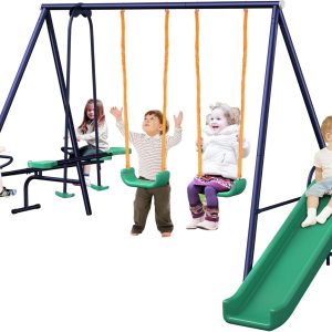 71IgJMkxFFL._AC_SL1500_.jpg 4 in 1 Multifunction Kids Swing Set, Metal for Backyard, Outdoor Heavy Duty Extra Large Frame with 2 Adjustable Swing, 1 Glider, 1 Slide and 1 Teeter-Totter B0BRMYW9YL