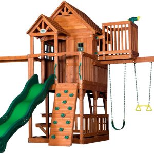 Skyfort II Cedar Wood Swing Set with Wave Slide, Raised Clubhouse, Crow's Nest, Monkey Bars, Balcony, Belt Swings, Trapeze, Rock Wall, Picnic Table, Sandbox, Ladder, Outdoor Playset B0177AVE9G