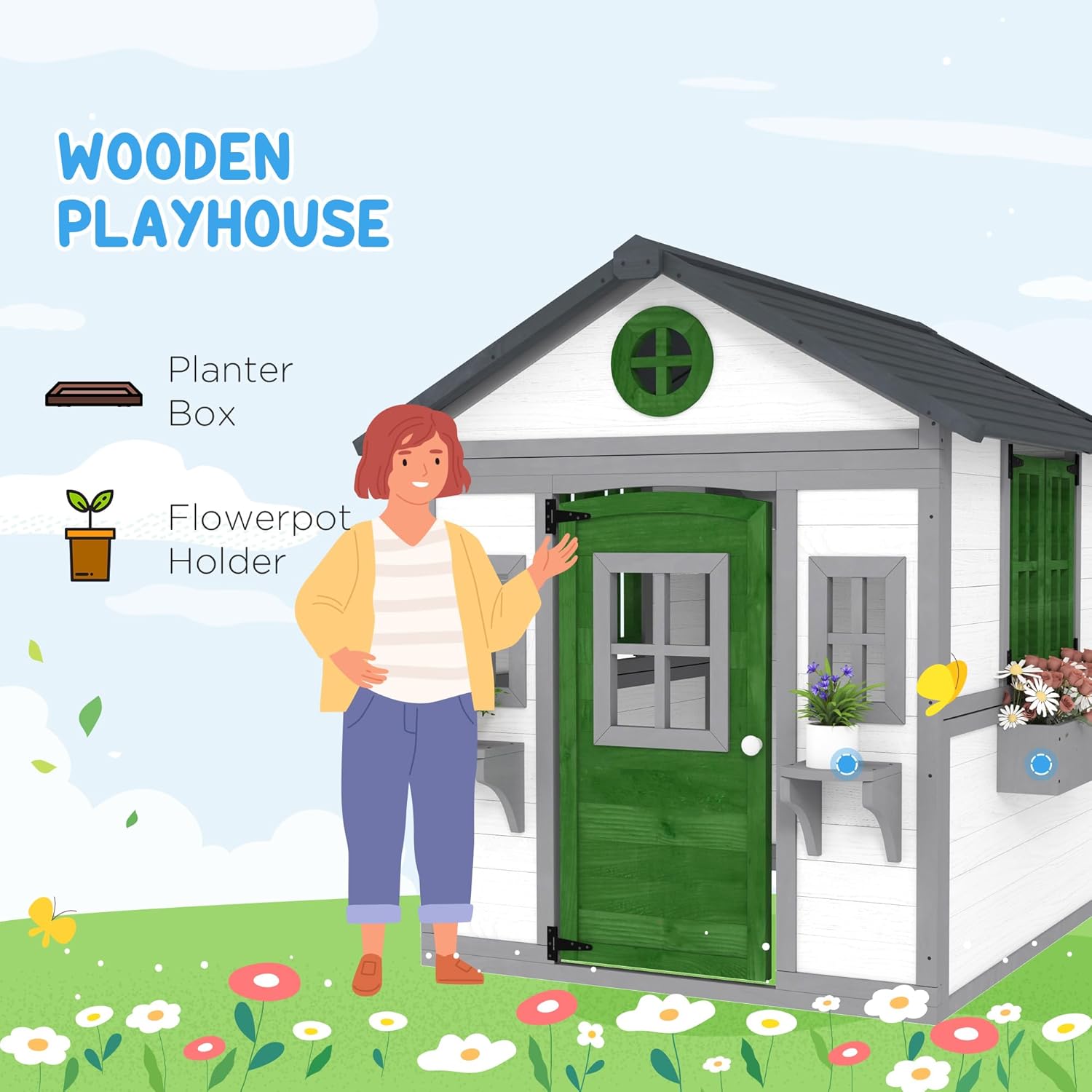 Outsunny Outdoor Kids Playhouse, Wooden Playhouse with Doors, Windows, Planter Pots and Boxes for Toddlers 3-8 Years, Cottage Play House for Backyard, White B0F28SLRM6 - Image 3