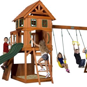 Backyard Discovery Atlantis Cedar Wood Swing Set with Wave Slide, Raised Clubhouse, Rock Wall, Belt Swings, Trapeze, Balcony, Lower Play Space, Snack Bar, Sandbox Area, Step Ladder, Outdoor Playset B073D66GQV