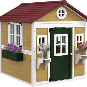 Outsunny Outdoor Kids Playhouse, Wooden Playhouse with Doors, Windows, Planter Pots and Boxes for Toddlers 3-8 Years, Cottage Play House for Backyard, Beige B0CWQ6PSFL