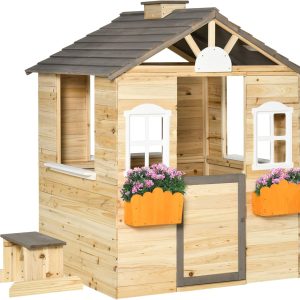 Outsunny Wooden Playhouse for Kids Outdoor Garden Pretend Play Games, Adventures Cottage, with Working Door, Windows, Bench, Service Station, Flowers Pot Holder, for 3-7 Years Old B09XH52FF9