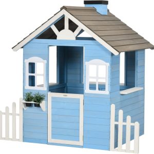 Outsunny Playhouse for Kids Outdoor, Country Style Wooden Playhouse with Flower Pot Holders, Working Door, Windows, Service Stations for 3-7 Years, Blue B0CVQBHRYD