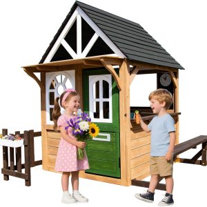 Kids Playhouse – Outdoor & Indoor Playset, Modern Gray Cedar Wooden Playhouse for Kids Ages 4-8 with Functional Kitchen Set (Includes Stove, Sink) Interactive Doorbell (Brown+Green) B0F73ZV3JK