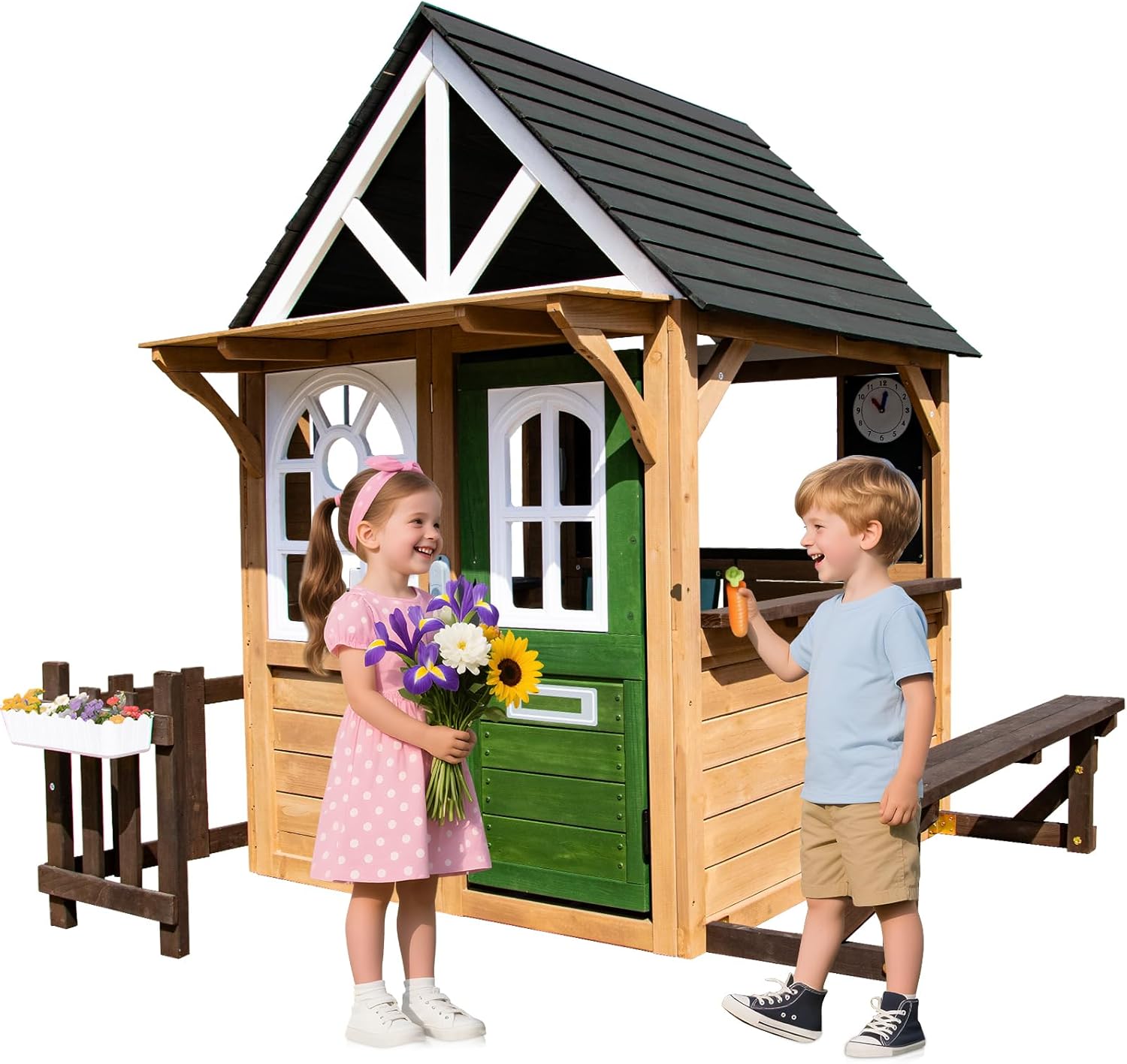 Kids Playhouse – Outdoor & Indoor Playset, Modern Gray Cedar Wooden Playhouse for Kids Ages 4-8 with Functional Kitchen Set (Includes Stove, Sink) Interactive Doorbell (Brown+Green) B0F73ZV3JK